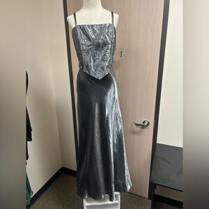 Elegant Silver 2 Piece Corset & Maxi Skirt Evening Set